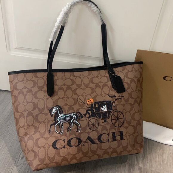 Coach City Tote In Signature Canvas With Halloween Horse And Carriage - Picture 1 of 7